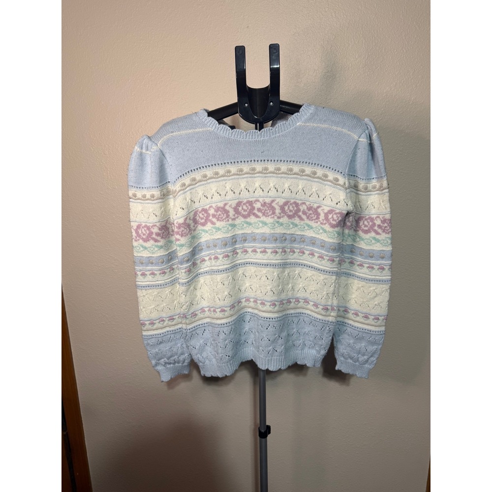 Vintage Beldoch Popper Pastel Floral Knit Sweater Blue Puffed Sleeve Made in USA